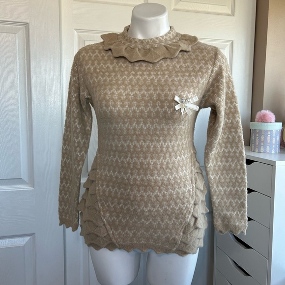 VeeTee Beige Textured Knit Sweater with Ruffle Details - Picture 1 of 10